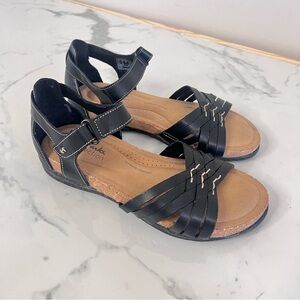 Clarks Womens Roseville Cove Black Leather Comfort Wedge Sandals Shoes Size 9
